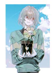 Rule 34 | 1other, absurdres, androgynous, blackmaro1, blue sky, border, brown hair, chara (undertale), cloud, cowboy shot, day, flower, flowey (undertale), green sweater, heart pendant, highres, holding, holding flower, long sleeves, looking to the side, other focus, outdoors, outside border, red eyes, sanpaku, short hair, sky, smile, standing, sweater, undertale, white border, yellow flower