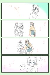 Rule 34 | 10s, 4girls, 4koma, ?, asphyxiation, blue eyes, brown hair, choke hold, comic, commentary request, gradient background, hair ribbon, highres, hiryuu (kancolle), japanese clothes, kantai collection, multiple girls, open mouth, partially colored, ribbon, short hair, shoukaku (kancolle), side ponytail, skirt, souryuu (kancolle), spoken question mark, strangling, translation request, twintails, yatsuhashi kyouto, zuikaku (kancolle)