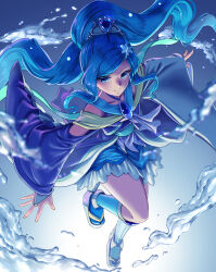 Rule 34 | 1girl, blue dress, blue eyes, blue hair, blue socks, bridal gauntlets, closed mouth, cure fontaine, dress, floating hair, hair ornament, healin&#039; good precure, highres, long hair, long sleeves, outstretched arms, ponytail, precure, short dress, shrimp1634, smile, socks, solo, swept bangs, tabi, very long hair, wide sleeves