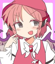 Rule 34 | 1girl, animal ears, bird ears, border, brown headwear, dress, earrings, fang, grey eyes, ini (inunabe00), jewelry, juliet sleeves, long sleeves, looking at viewer, mystia lorelei, open mouth, pinafore dress, pink hair, puffy sleeves, purple border, shirt, short hair, simple background, single earring, skin fang, sleeveless dress, smile, solo, touhou, upper body, v-shaped eyebrows, white background, white shirt