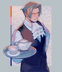 Rule 34 | 1boy, ace attorney, ace attorney investigations, alternate costume, ascot, bad id, bad twitter id, black vest, butler, cowboy shot, cup, formal, grey hair, highres, looking at viewer, male focus, miles edgeworth, paguraisu, parted bangs, shirt, short hair, simple background, solo, teacup, teapot, tray, vest, white shirt