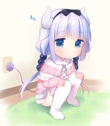 Rule 34 | 10s, 1girl, beads, black ribbon, blue eyes, blue hair, blush, capelet, child, closed mouth, electric plug, electrical outlet, full body, fur trim, hair beads, hair ornament, hair ribbon, hands on own knees, horns, indoors, kanna kamui, kobayashi-san chi no maidragon, long hair, looking at viewer, no shoes, piyodera mucha, ribbon, solo, squatting, thighhighs, white thighhighs
