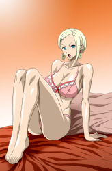 Rule 34 | 1girl, ass, bare shoulders, barefoot, bed, blonde hair, blue eyes, blush, bra, breasts, cleavage, earrings, feet, female focus, highres, jewelry, large breasts, legs, looking at viewer, miss valentine, nel-zel formula, one piece, open mouth, panties, pillow, pink bra, pink panties, short hair, simple background, sitting, solo, thighs, toes, underwear, underwear only