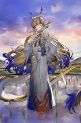 Rule 34 | 1girl, absurdres, arknights, bare shoulders, beads, belt, blonde hair, closed mouth, dragon girl, dragon horns, dragon tail, earrings, evening, flantia, floating, floating hair, full body, grey eyes, grey hair, grey horns, grey tail, hair between eyes, hair intakes, hand up, highres, holding, holding sword, holding weapon, horns, jacket, jewelry, light smile, long hair, long sleeves, looking at viewer, multicolored hair, necklace, off shoulder, open clothes, open jacket, outdoors, pants, plant, pointy ears, purple hair, purple horns, purple tail, reflection, reflective water, seigaiha, shu (arknights), solo, standing, strapless, sword, tail, tube top, unfinished, unzipped, very long hair, water, wavy hair, weapon, white belt, white jacket, white pants, white tail, white tube top, yellow horns, yellow tail, zipper