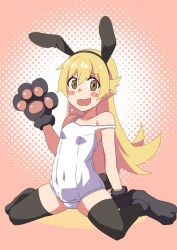 Rule 34 | 1girl, animal ears, animal hands, arm support, bakemonogatari, bare shoulders, black footwear, black thighhighs, blonde hair, blush, blush stickers, breasts, collarbone, fake animal ears, fake tail, flipped hair, full body, gesugesu ahoaho, gloves, hair between eyes, halftone, halftone background, hand up, long hair, looking at viewer, monogatari (series), one-piece swimsuit, open mouth, oshino shinobu, paw gloves, pink background, rabbit ears, rabbit tail, ringed eyes, school swimsuit, sidelocks, simple background, skindentation, small breasts, smile, solo, spread legs, straight hair, strap slip, swimsuit, tail, thighhighs, two-tone background, very long hair, wavy mouth, white background, white one-piece swimsuit, yellow eyes