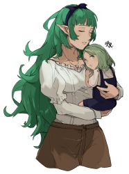 Rule 34 | 2girls, aged down, aged up, bow, carrying, child, closed eyes, female focus, fire emblem, fire emblem: three houses, green eyes, green hair, highres, jewelry, long hair, looking back, matching hair/eyes, mother and daughter, multiple girls, necklace, nintendo, open mouth, overall skirt, pants, puffy sleeves, rhea (fire emblem), ring, ring necklace, sakuremi, short hair, skirt, sothis (fire emblem), spoilers, white background