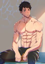 Rule 34 | 1boy, abs, bara, black hair, black male swimwear, blue eyes, closed mouth, free!, highres, jammers, large pectorals, male focus, male swimwear, muscular, muscular male, navel, nipples, pectorals, short hair, sitting, solo, suyohara, thick thighs, thighs, veins, veiny arms, yamazaki sousuke
