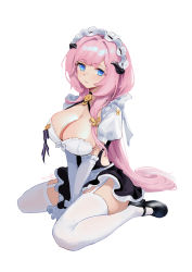 Rule 34 | 1girl, :3, absurdres, between legs, black dress, black footwear, black ribbon, bow, breasts, butterfly hair ornament, choker, cleavage, closed mouth, clothing cutout, dress, elbow gloves, elysia (honkai impact), elysia (miss pink elf) (honkai impact), from side, full body, garter straps, gloves, hair intakes, hair ornament, hair ribbon, hand between legs, highres, honkai (series), honkai impact 3rd, horns, keruitemonu, large breasts, long hair, looking at viewer, maid, maid headdress, mary janes, pink hair, pointy ears, puffy short sleeves, puffy sleeves, purple eyes, ribbon, shoes, short dress, short sleeves, side cutout, simple background, sitting, skindentation, solo, thighhighs, v arms, very long hair, wariza, white background, white bow, white ribbon, white thighhighs