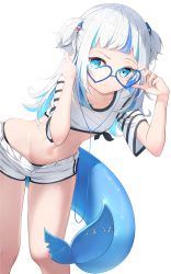 Rule 34 | 1girl, :3, absurdres, blue eyes, blue hair, collarbone, earphones, fins, fish tail, gawr gura, glasses, hair ornament, hands up, heart-shaped glasses, highres, hololive, hololive english, holomyth, long hair, midriff, multicolored hair, navel, panties, raised eyebrow, shark girl, shark tail, shirt, short shorts, shorts, simple background, standing, striped sleeves, tail, thighs, three twosix, twintails, two-tone hair, underwear, virtual youtuber, white background, white hair, white shirt, white shorts, wide hips