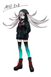 Rule 34 | 1girl, boots, closed mouth, dive to zone, eyepatch, grey hair, hair between eyes, hair ornament, hairclip, hands in pockets, highres, hood, hoodie, lam (ramdayo), looking at viewer, one-eyed, power symbol, solo, twintails, white background