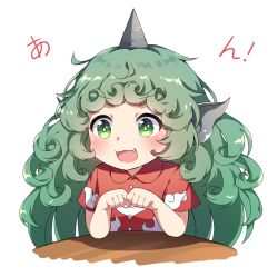 Rule 34 | 1girl, :3, :d, animal ears, blush, bridal gauntlets, collared shirt, curly hair, fang, horns, kaoling, komano aunn, long hair, open mouth, paw pose, red shirt, shirt, short sleeves, simple background, single horn, smile, solo, sparkling eyes, table, tareme, touhou, translation request, upper body, v-shaped eyebrows, very long hair, white background