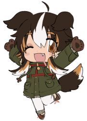 Rule 34 | 1girl, animal ears, animal hands, arms up, blush stickers, borrowed character, brown eyes, brown footwear, brown gloves, brown hair, chest harness, chibi, coat, dog ears, dog girl, dog tail, drooling, fang, full body, gloves, green coat, hair between eyes, harness, lapithai, long hair, long sleeves, looking at viewer, lowres, mouth drool, multicolored hair, one eye closed, open mouth, original, pants, paw gloves, sidelocks, simple background, solo, standing, standing on one leg, streaked hair, tail, transparent background, white hair, white pants