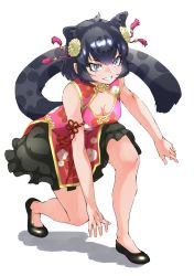 Rule 34 | 1girl, absurdres, animal ears, armband, bare arms, bare legs, bare shoulders, black footwear, black hair, black jaguar (kemono friends), black skirt, blue eyes, blush, china dress, chinese clothes, commentary, dress, flats, floral print, frilled skirt, frills, hair ornament, highres, jaguar ears, jaguar girl, jaguar print, jaguar tail, kemono friends, official alternate costume, pink dress, short hair, skirt, smile, solo, tail, tanabe (fueisei)