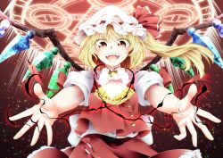 Rule 34 | 0-den, 1girl, :d, absurdres, ascot, blonde hair, blush, buttons, cowboy shot, crystal, dark background, darkness, eyebrows visible through hat, fangs, flandre scarlet, floating hair, foreshortening, frilled shirt collar, frills, from below, gradient background, hair between eyes, hat, hat ribbon, heart, highres, layered ascot, looking at viewer, magic circle, mob cap, one side up, open mouth, petticoat, reaching, reaching towards viewer, red background, red eyes, red ribbon, red skirt, red vest, ribbon, short hair, simple background, skirt, smile, solo, sparkle, teeth, touhou, upper teeth only, vest, white hat, wings, yellow ascot