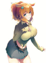 Rule 34 | 1girl, :d, animal ears, belt, blue eyes, breasts, brown hair, collared shirt, dermar, hair ornament, hand on own chest, highres, horse ears, horse girl, large breasts, long hair, looking at viewer, midriff peek, open mouth, ponytail, ribbed sweater, shirt, signature, simple background, skirt, sleeves past wrists, smile, solo, standing, star (symbol), star hair ornament, sweater, taiki shuttle (umamusume), umamusume, white background