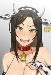 Rule 34 | 1girl, anger vein, animal collar, animal ears, animal print, bell, bikini, breasts, cleavage, collar, cow print, cow print bikini, cow tail, cowbell, ear tag, fake animal ears, fake horns, hand on own chest, handplug, horns, huge breasts, idolmaster, idolmaster cinderella girls, mukai takumi, print bikini, sitting, solo, swimsuit, tag, tail, thighhighs