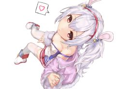 Rule 34 | 1girl, animal ears, azur lane, breasts, coat, downblouse, from above, full body, fur trim, hairband, headband, heart, invisible chair, laffey (azur lane), long hair, looking at viewer, neko nasu, off shoulder, pleated skirt, rabbit ears, red eyes, sitting, skirt, small breasts, solo, speech bubble, spoken heart, strap slip, thighhighs, twintails, white background, white thighhighs, zettai ryouiki