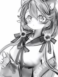 Rule 34 | 1girl, animal ears, blush, flower, greyscale, hair between eyes, hair flower, hair ornament, highres, long hair, looking at viewer, low twintails, monochrome, nanashi (nlo), parted lips, re:act, sailor collar, school uniform, serafuku, shishigami leona, simple background, solo, sunflower, sunflower hair ornament, twintails, upper body, virtual youtuber, white background
