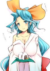 Rule 34 | 1girl, blue eyes, blue hair, blush, breasts, character request, cleavage, food, food on body, food on breasts, fuurai no shiren, hair ornament, head tilt, high ponytail, huge breasts, japanese clothes, katori (mocchidou), kimono, long hair, nori (seaweed), off shoulder, onigiri, ponytail, rice, simple background, smile, solo, white background, white kimono