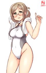Rule 34 | 1girl, artist logo, breasts, brown hair, collarbone, commentary request, competition swimsuit, covered navel, cowboy shot, dated, folded ponytail, glasses, green eyes, highleg, highleg swimsuit, highres, index finger raised, kanon (kurogane knights), kantai collection, katori (kancolle), large breasts, looking at viewer, one-piece swimsuit, parted bangs, semi-rimless eyewear, simple background, smile, solo, standing, swimsuit, towel, towel around neck, two-tone swimsuit, under-rim eyewear, white background, white towel