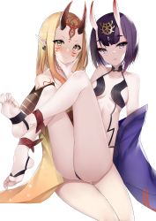 Rule 34 | 2girls, absurdres, arm tattoo, bare legs, bare shoulders, barefoot, bikini, black bikini, blonde hair, blush, breasts, closed mouth, collarbone, commentary, earrings, facial mark, facial tattoo, fate/grand order, fate (series), feet, feet out of frame, hair ornament, hand on another&#039;s chin, highres, horns, ibaraki douji (fate), jewelry, legs, legs up, long hair, looking at viewer, multiple girls, neck tattoo, open mouth, pointy ears, purple eyes, purple hair, short hair, shuten douji (fate), sidelocks, sitting, sitting on person, skin-covered horns, small breasts, smile, soles, swimsuit, symbol-only commentary, tattoo, thighs, toes, white background, yanwulazy, yellow eyes