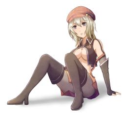 Rule 34 | 10s, 1girl, alisa ilinichina amiella, blue eyes, boots, breasts, cabbie hat, female focus, fingerless gloves, full body, gloves, god eater, gradient background, hat, highres, nipple slip, nipples, pantyhose, see-through, sitting, skirt, solo, thigh boots, thighhighs, underboob, white background