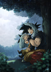 Rule 34 | 2boys, :d, black hair, boots, child, dougi, dragon ball, dragonball z, drying, drying hair, father and son, happy, highres, holding, holding towel, long sleeves, male focus, mattari illust, multiple boys, open mouth, outdoors, rain, sitting, smile, son goku, son goten, spiked hair, towel, towel on head, tree, under tree, wet