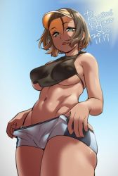Rule 34 | 1girl, 2020, :p, agawa ryou, artist name, blue eyes, breasts, brown hair, clothes pull, dark skin, dark-skinned female, female focus, large breasts, looking at viewer, looking down, midriff, navel, original, short hair, short shorts, shorts, shorts pull, sideboob, skindentation, solo, sun, thick thighs, thighs, tongue, tongue out, underboob, visor cap