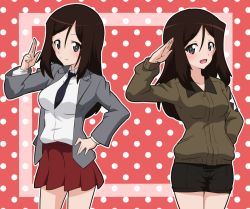 Rule 34 | 10s, 1girl, :d, bad id, bad pixiv id, black necktie, blush, bomber jacket, brown hair, eeshin (eishin5584), girls und panzer, grey eyes, hand on own hip, jacket, long hair, megumi (girls und panzer), necktie, open clothes, open jacket, open mouth, pleated skirt, polka dot, polka dot background, red background, salute, shorts, skirt, smile, solo, two-finger salute, uniform