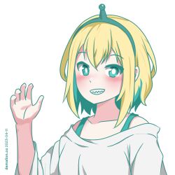 Rule 34 | amano pikamee, antennae, blonde hair, demalion, green eyes, green hair, highres, multicolored hair, solo, tearing up, two-tone hair, virtual youtuber, voms, waving
