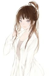 Rule 34 | 1girl, bad id, bad tumblr id, blue eyes, breasts, brown hair, cleavage, grey eyes, happy, long hair, long sleeves, lpip, medium breasts, open mouth, original, shirt, simple background, smile, solo, white background, white shirt