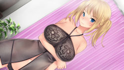 Rule 34 | 1girl, black panties, blonde hair, blue eyes, blush, breasts, collarbone, curtains, dutch angle, game cg, grabbing own arm, highres, indoors, jasmin (negligee), kopianget, large breasts, lingerie, long hair, looking at viewer, navel, negligee, negligee (game), panties, plant, smile, solo, source request, twintails, underwear
