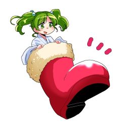 Rule 34 | 1girl, boots, green eyes, green hair, hair bobbles, hair ornament, japanese clothes, kisume, open mouth, red footwear, santa boots, shinapuu, simple background, single boot, smile, solo, touhou, twintails, two side up, white background, wide sleeves
