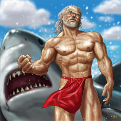 Rule 34 | 1boy, abs, aqua eyes, beard, clenched hand, cloud, dated, day, facial hair, fundoshi, goatee, grey hair, japanese clothes, looking at viewer, male focus, manly, matataku, muscular, old, old man, original, raised eyebrow, shark, topless male, signature, sky, solo, wet