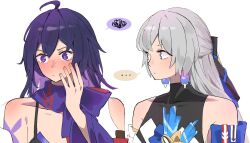 Rule 34 | ..., 2girls, blush, bronya zaychik, closed mouth, hand on own cheek, hand on own face, highres, honkai: star rail, honkai (series), kaosmccloud, looking at another, multicolored hair, multiple girls, purple eyes, purple hair, seele (honkai: star rail), spoken ellipsis, spoken squiggle, squiggle