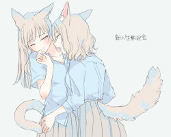 Rule 34 | 2girls, animal ears, blue shirt, blush, breasts, cat ears, cat girl, cat tail, cleavage, closed mouth, collarbone, commentary request, cowboy shot, dog ears, dog girl, dog tail, embarrassed, closed eyes, fang, grey background, grey hair, grey skirt, hand on another&#039;s hip, hand up, imminent bite, inutose, long hair, looking at another, medium hair, multiple girls, one eye closed, original, pleated skirt, school uniform, shirt, shirt tucked in, short sleeves, simple background, skirt, sleeves rolled up, tail, tongue, tongue out, translation request, yuri