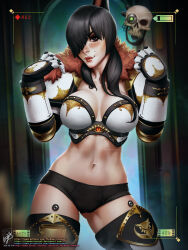 Rule 34 | 1girl, adeptus astartes, armor, bikini armor, black eyes, black hair, black legion, breasts, cleavage, closed mouth, fur collar, gauntlets, hair over one eye, highres, large breasts, lips, long hair, long sleeves, looking at viewer, mole, mole above mouth, navel, pauldrons, servo-skull, shoulder armor, smile, solo, space marine, stomach, themaestronoob, topknot, viewfinder, warhammer 40k