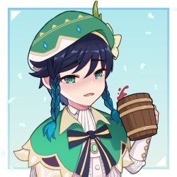 Rule 34 | 1boy, alcohol, androgynous, beer mug, beret, black hair, blue hair, blush, bow, braid, brooch, cape, collared cape, collared shirt, cup, flower, gem, genshin impact, gradient hair, green eyes, green hat, hair ornament, hat, hat flower, holding, holding cup, jewelry, kotokotor1, leaf, long sleeves, looking at viewer, male focus, mug, multicolored hair, open mouth, shirt, short hair with long locks, simple background, solo, twin braids, venti (genshin impact), white flower, white shirt, wine