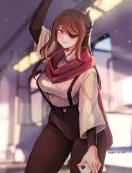 Rule 34 | 1girl, absurdres, arm up, beidou (genshin impact), breasts, brown hair, casual, eyepatch, folded hair, genshin impact, highres, holding, holding phone, large breasts, long hair, one eye covered, pants, phone, red eyes, red scarf, ribbed sweater, scarf, smile, st ard, standing, suspenders, sweater, train interior, undershirt, wide sleeves