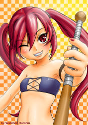 Rule 34 | 1girl, bandeau, bare shoulders, baseball bat, flat chest, highres, kooh, long hair, midriff, one eye closed, pangya, red eyes, red hair, smile, solo, strapless, tube top, twintails, watchrin hanshin, wink