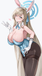 Rule 34 | 1girl, absurdres, animal ears, aqua leotard, asuna (blue archive), asuna (bunny) (blue archive), black pantyhose, blonde hair, blowing kiss, blue archive, blush, breasts, cleavage, detached collar, fake animal ears, fake tail, feet out of frame, gloves, halo, heart, highres, huge breasts, leaning forward, leotard, looking at viewer, mahoro (minase mahoro), pantyhose, playboy bunny, rabbit ears, rabbit tail, solo, strapless, strapless leotard, tail, white gloves