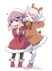 Rule 34 | 2girls, animal costume, antlers, bell, black thighhighs, blush stickers, boots, brown eyes, brown footwear, closed eyes, closed mouth, full body, heart, horns, kantai collection, long hair, long sleeves, miko (35nikomi), mole, mole under eye, multiple girls, one-hour drawing challenge, open mouth, pantyhose, purple hair, red footwear, reindeer antlers, reindeer costume, shimushu (kancolle), simple background, smile, thighhighs, tsushima (kancolle), twitter username, white background, white hair, white pantyhose