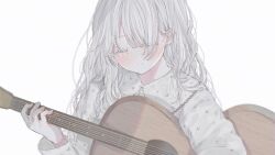 Rule 34 | 1girl, blush, closed eyes, closed mouth, driedflower, guitar, highres, holding, holding instrument, instrument, long hair, long sleeves, music, original, pajamas, playing instrument, shirt, simple background, solo, upper body, white background, white hair, white pajamas
