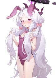 Rule 34 | 1girl, :o, absurdres, alternate costume, animal ears, bare legs, bare shoulders, black horns, blue archive, blush, bow, bowtie, commentary, detached collar, fake animal ears, flat chest, hair bow, hair ornament, hairclip, halo, highres, hina (blue archive), horns, leotard, long hair, looking at viewer, maqin, pink bow, pink bowtie, playboy bunny, purple eyes, purple leotard, rabbit ears, simple background, solo, symbol-only commentary, very long hair, white background, white hair
