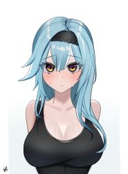 Rule 34 | 1girl, absurdres, arms behind back, bare shoulders, black tank top, blue hair, blush, breasts, casual, cleavage, eula (genshin impact), genshin impact, guii ii, hairband, highres, large breasts, looking at viewer, medium hair, solo, sweatdrop, tank top, upper body, yellow eyes