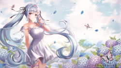 Rule 34 | 1girl, absurdres, ahoge, arm behind back, black ribbon, blue flower, blue hair, blush, bug, butterfly, cloud, cloudy sky, commentary, commission, day, dress, english commentary, floating hair, flower, hair ribbon, hairband, hand up, highres, holding, holding own hair, hydrangea, insect, long hair, looking at viewer, mole, mole under eye, original, outdoors, parted lips, petals, pink butterfly, pink hairband, pippin (pippin sol), purple eyes, purple flower, ribbon, sky, sleeveless, sleeveless dress, solo, sundress, thigh strap, twintails, very long hair, white dress, wrist cuffs