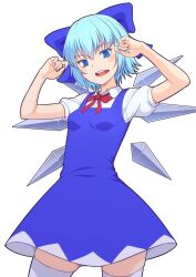 Rule 34 | 1girl, blue bow, blue dress, blue eyes, bow, breasts, cirno, collared shirt, commentary, detached wings, dress, hair bow, highres, ice, ice wings, kakone, looking at viewer, open mouth, shirt, simple background, small breasts, solo, teeth, touhou, upper teeth only, white background, white shirt, wings