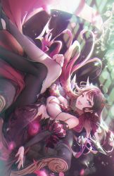 Rule 34 | 1girl, black pantyhose, breasts, dress, heterochromia, highres, hololive, hololive english, horns, irys (hololive), long hair, medium breasts, open mouth, ozzingo, pantyhose, sideways, sitting, solo, virtual youtuber