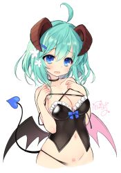 Rule 34 | 1girl, ahoge, aqua eyes, bad id, bad pixiv id, bare arms, bare shoulders, black dress, black neckwear, black panties, blue ribbon, blush, breasts, byulzzi, choker, cleavage, collarbone, corset, demon girl, demon horns, demon tail, demon wings, dot nose, dress, flower, frilled dress, frills, hair flower, hair ornament, hairclip, horns, looking at viewer, medium breasts, medium hair, navel, off shoulder, open mouth, original, panties, pubic tattoo, ribbon, signature, simple background, solo, standing, tail, tattoo, underwear, white background, wings