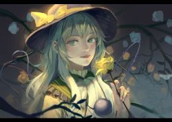 Rule 34 | 1girl, absurdres, black hat, blue flower, blue rose, bow, collared shirt, eyeball, flower, green eyes, green hair, hat, hat bow, heart, heart of string, highres, komeiji koishi, letterboxed, lips, long sleeves, qin xin, ribbon, rose, shirt, solo, third eye, touhou, wavy hair, wide sleeves, yellow flower, yellow ribbon, yellow rose, yellow shirt